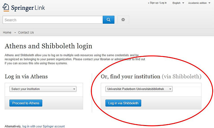 Beispiel: Seite des Springer-Verlags "Or, find your intistituion (via Shibboleth)" - Auswahl: Universität Paderborn Universitätsbibliothek