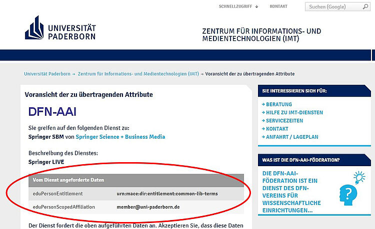 Seite des IMT: Voransicht der zu übertrangenden Attribute