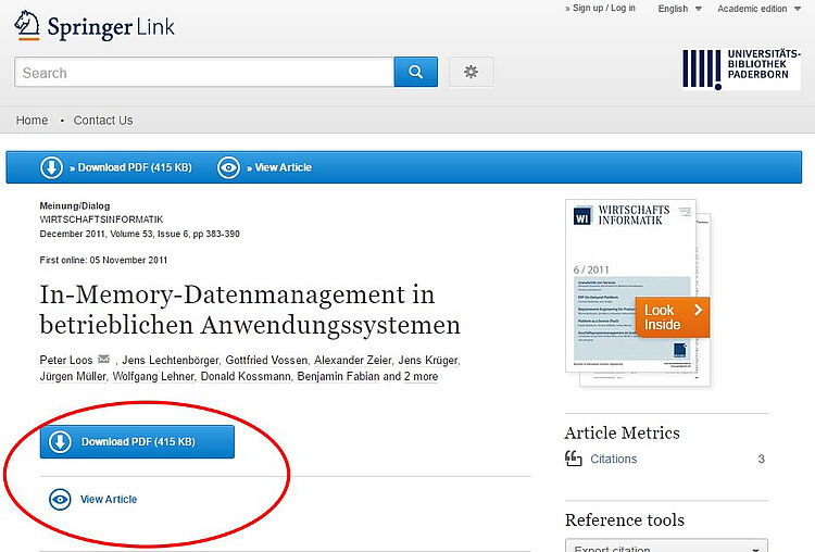 Beispiel: Seite des Springer Verlags - Download PDF des gewünschten Artikels