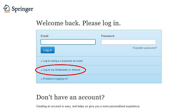 Beispiel: Seite des Springer-Verlags - "Log in via Shibboleth or Athens"