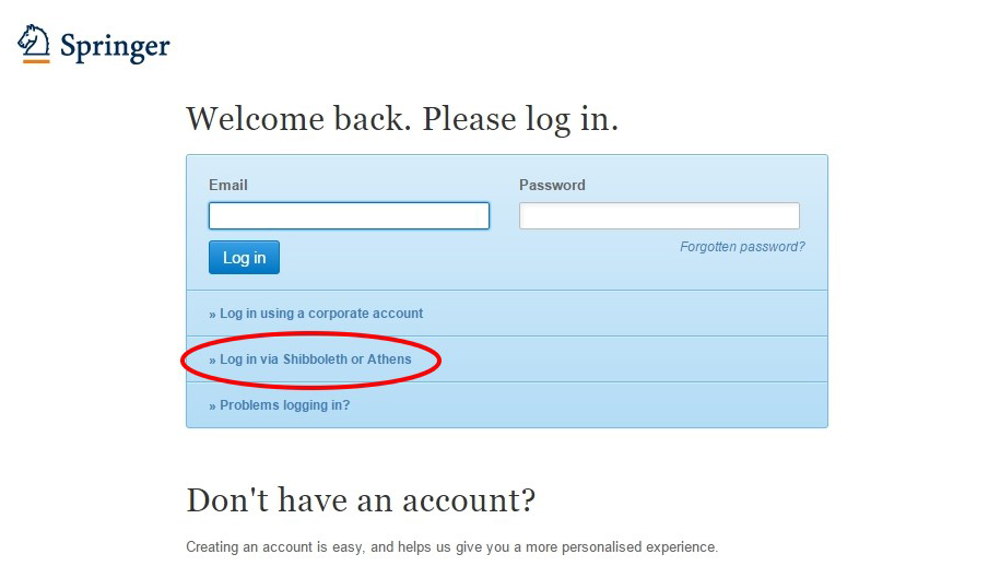 Beispiel: Seite des Springer-Verlags - "Log in via Shibboleth or Athens"