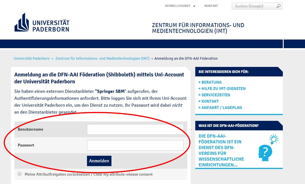 Seite des IMT: Anmeldung an die DFN-AAI Förderation - Anmeldung mit Benutzername und Passwort