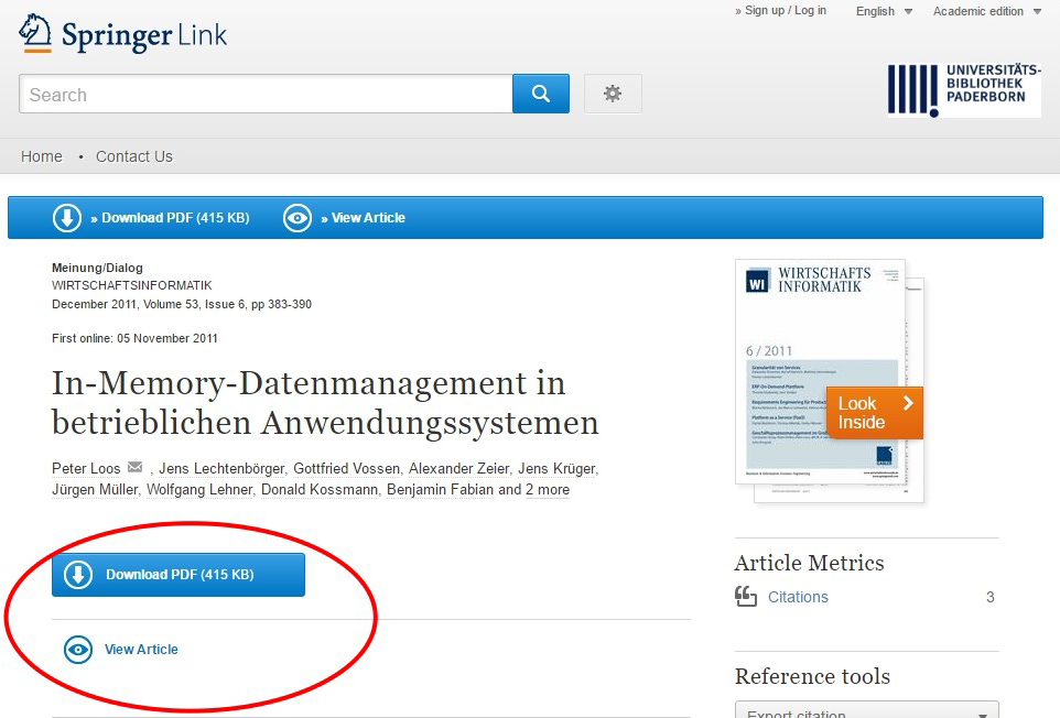 Beispiel: Seite des Springer Verlags - Download PDF des gewünschten Artikels