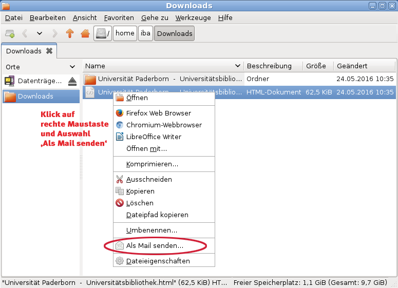 Im Dateimanager das gewünschte Dokument markieren und nach einem Klick mit der rechten Maustaste "Als Mail senden" wählen